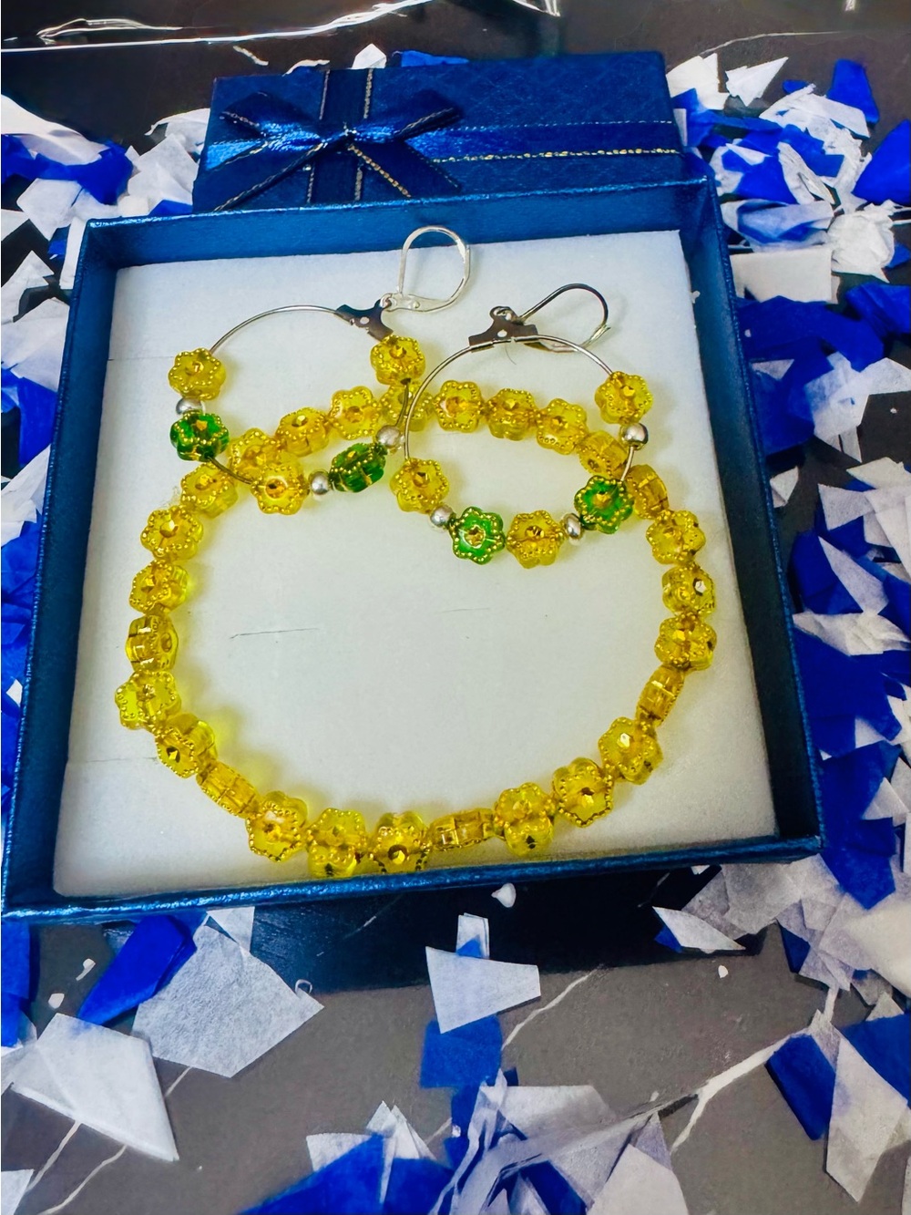 Yellow and Green Beaded Hoop Earrings